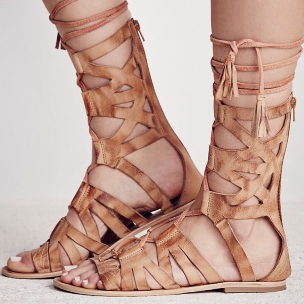 Free People Tan Gladiator Lace-Up Sandals